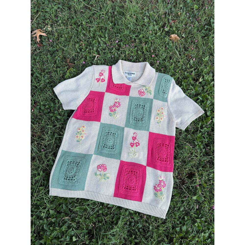 Vintage Alfred Dunner Crochet Cottage Core Collared Shirt Medium